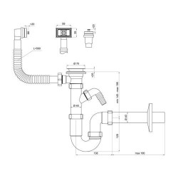 Siphon tubulaire pour évier un bac, 70 mm, trop plein rectang verticale / horizontale, sortie machine à laver / lave-vaisselle