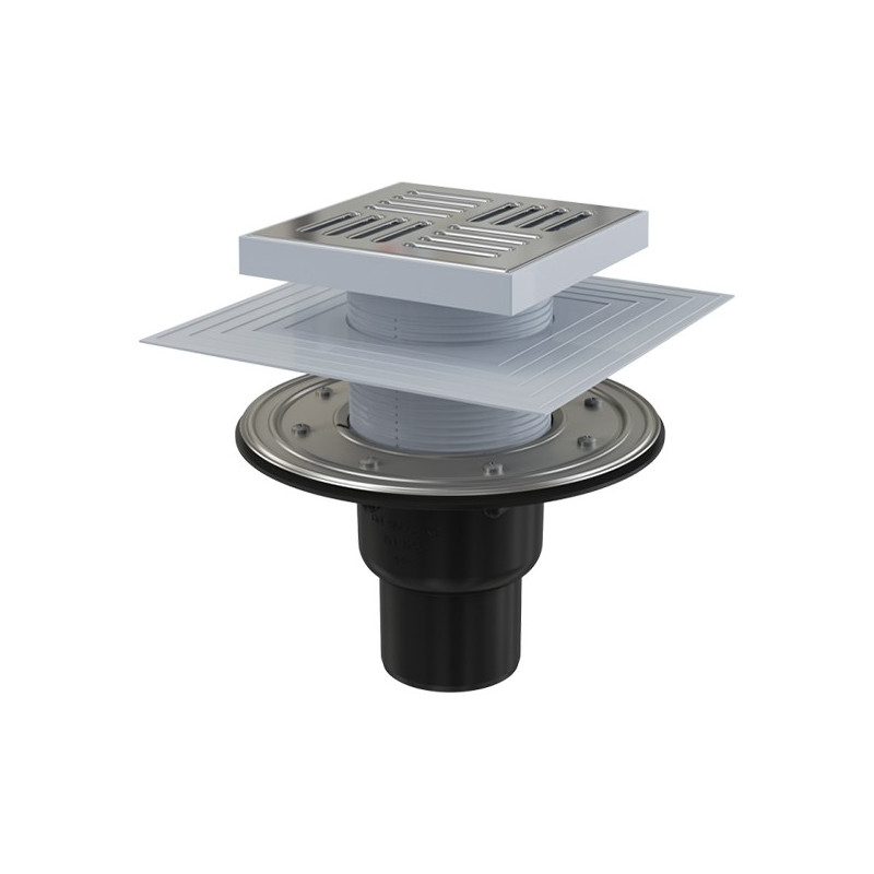 Siphon de sol avec grille en inox – 150x150/50/75 mm - sortie verticale