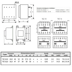 Transformateur monophasé TEZ 10,0/D 230/ 6V pour circuits imprimés, encapsulé