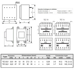 Transformateur monophasé TEZ 10,0/D 230/12-12V pour circuits imprimés, encapsulé