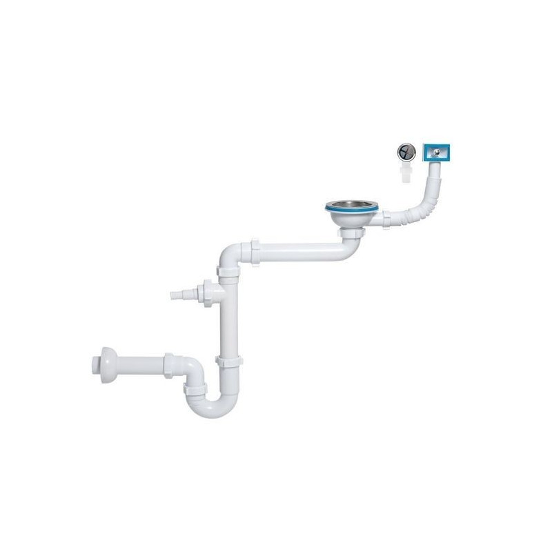 Siphon tubulaire pour évier un bac, 70 mm, trop plein rectang verticale /  horizontale, sortie machine à laver / lave-vaisselle - Proachats