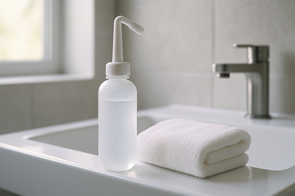 Bidet portable de voyage type peri bottle posé sur un lavabo