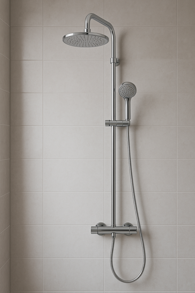 Colonne de douche réglable chromée avec pomme de douche fixe et douchette coulissante sur barre