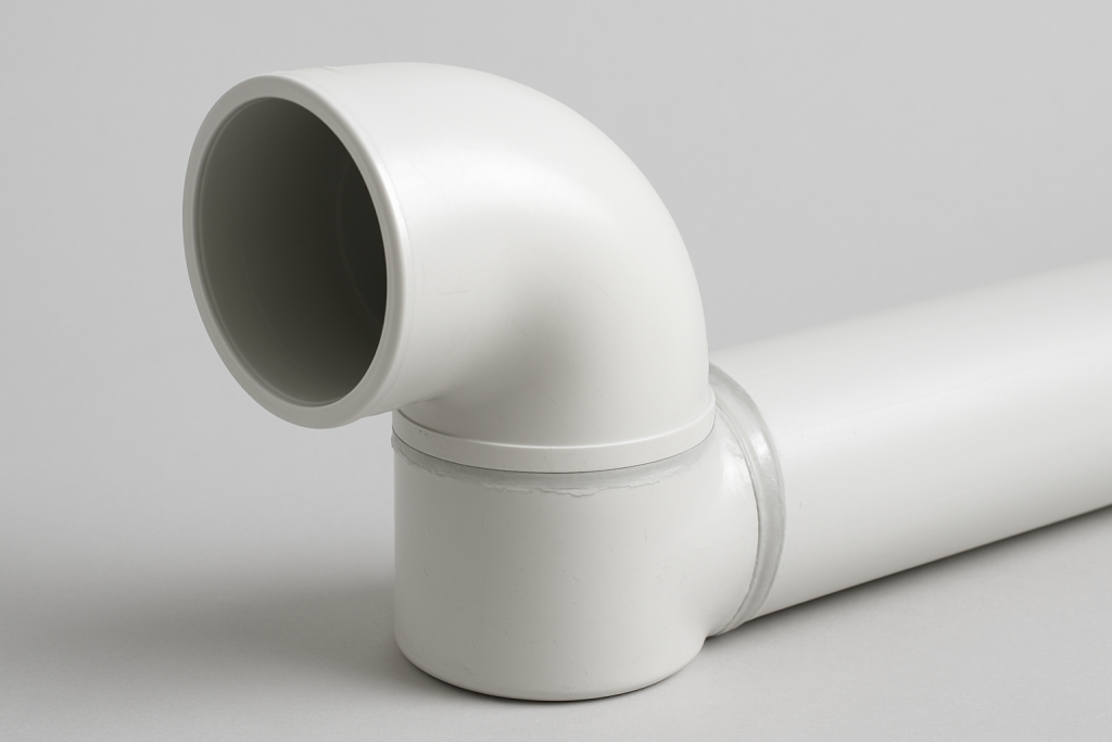 Coude PVC blanc à 90 degrés en diamètre 100 mm raccordé sur un tuyau d'évacuation