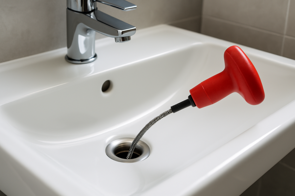 Furet de plomberie inséré dans l'évacuation d'un lavabo pour déboucher une canalisation