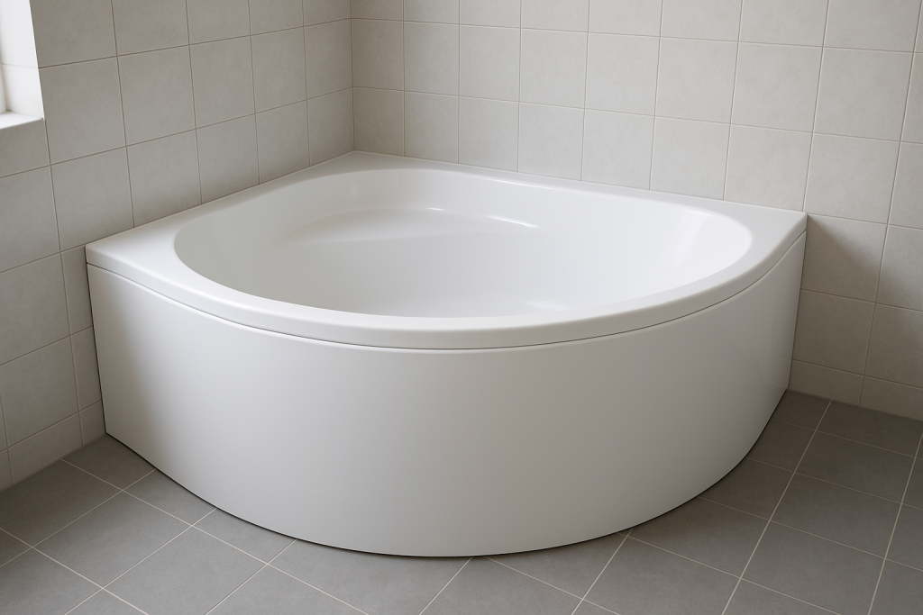 Baignoire d'angle blanche en quart de cercle installée dans une salle de bain carrelée