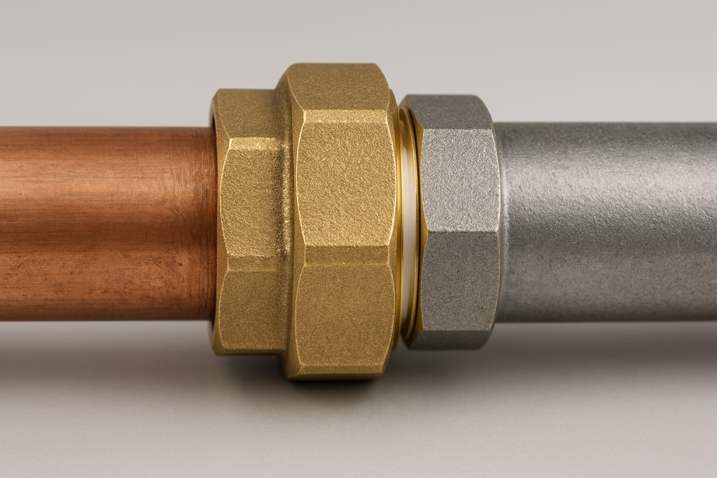 Raccord diélectrique reliant un tube cuivre et un tube acier avec bague isolante visible