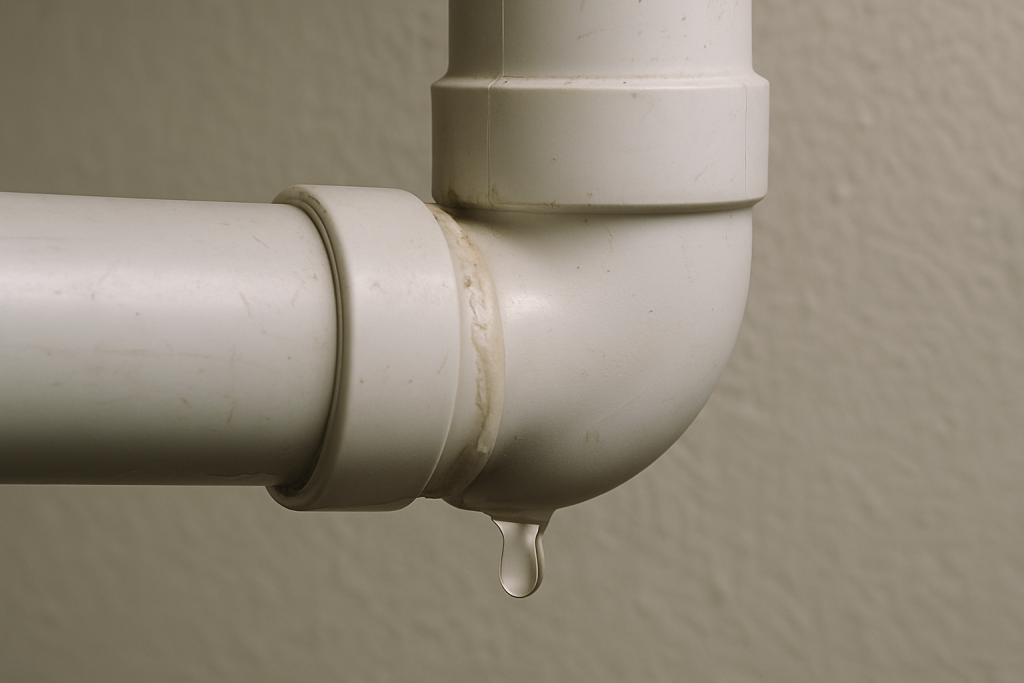 Coude en raccord PVC avec une goutte d'eau au niveau du joint mal collé
