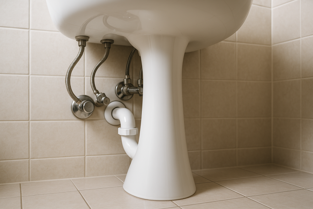 Vue du raccordement sous un lavabo en colonne : flexibles d'alimentation, robinets d'arrêt et siphon partiellement dissimulés par le pied