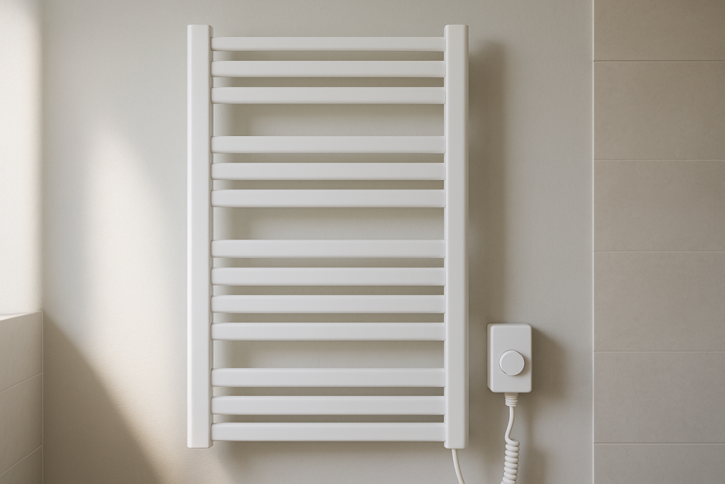 Radiateur sèche-serviette soufflant blanc fixé au mur d une salle de bain