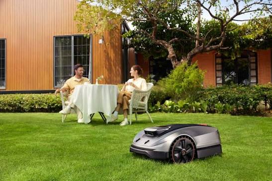 Robot tondeuse dans un jardin avec terrasse