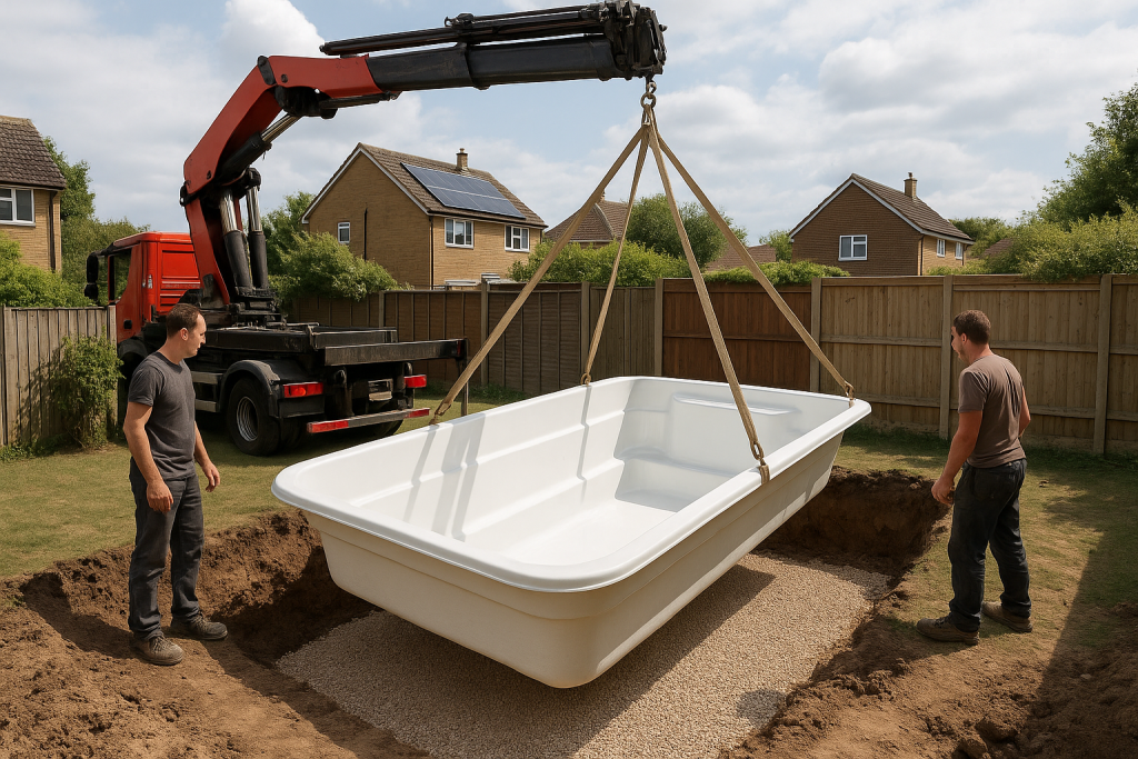 Coque de mini piscine en polyester descendue à la grue dans la fouille d'un jardin