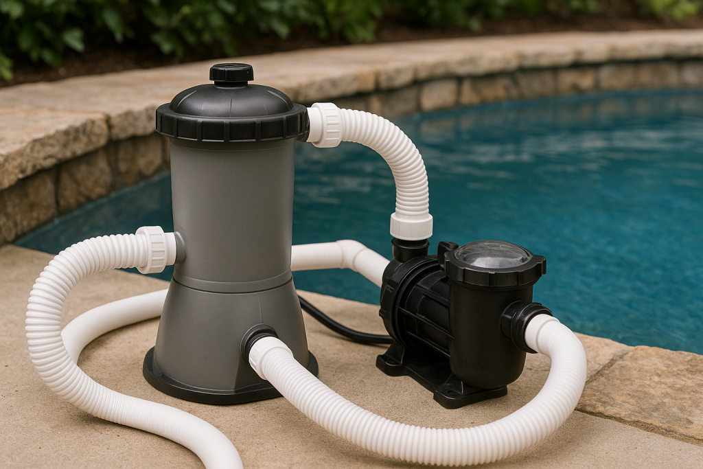 Filtre à cartouche et pompe de filtration raccordés par des tuyaux de piscine au bord d'un petit bassin