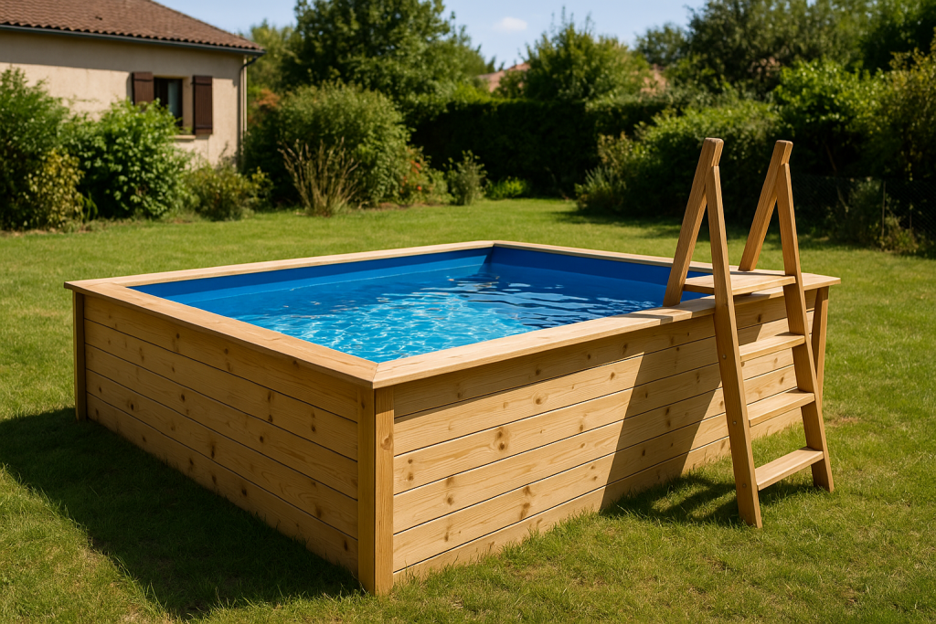 Mini piscine en kit bois avec liner bleu et échelle en bois posée sur une pelouse