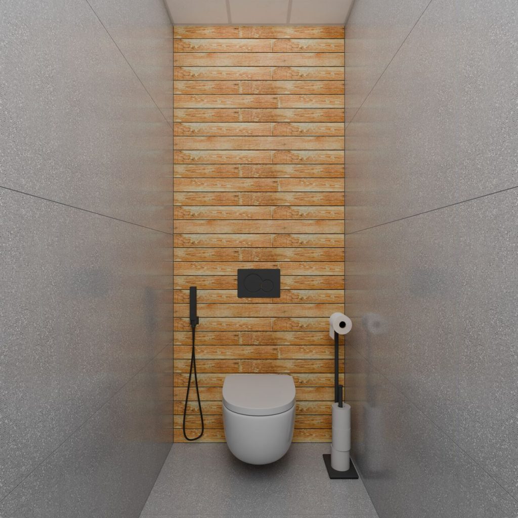 WC suspendu installé devant un mur habillé de panneaux effet bois