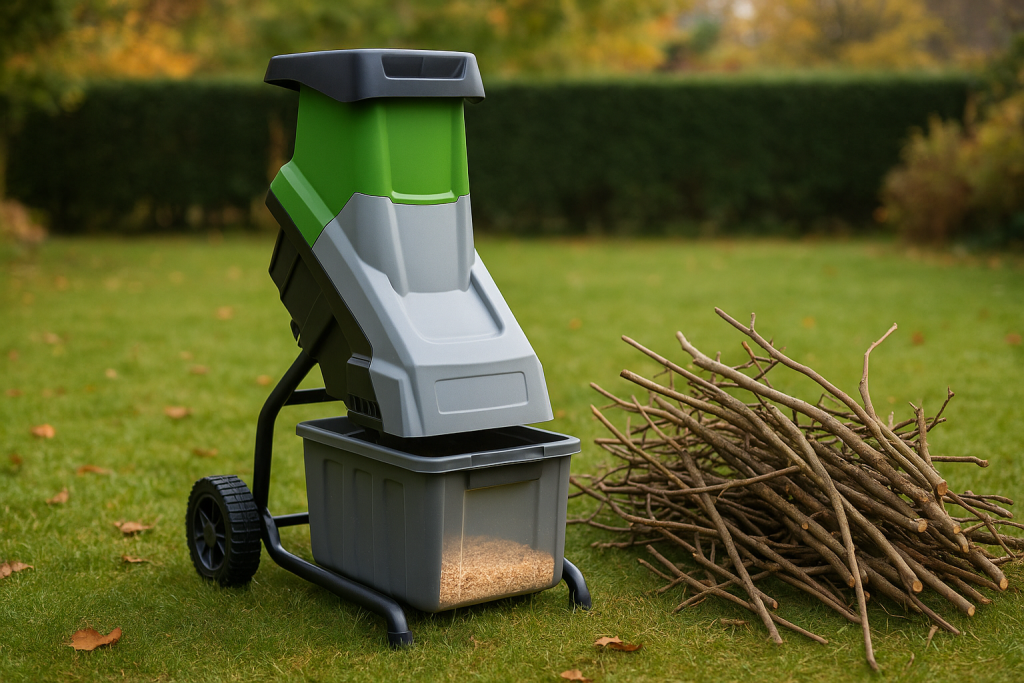 Broyeur de végétaux électrique domestique posé sur une pelouse à côté d'un tas de branches taillées