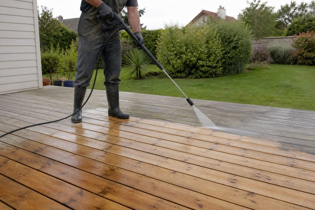 Personne nettoyant au nettoyeur haute pression une terrasse en bois, la partie nettoyée retrouvant sa teinte miel face aux lames grisées