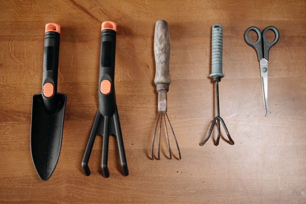 Petits outils de jardin alignés sur une table en bois : transplantoir, griffe, fourche et sécateur