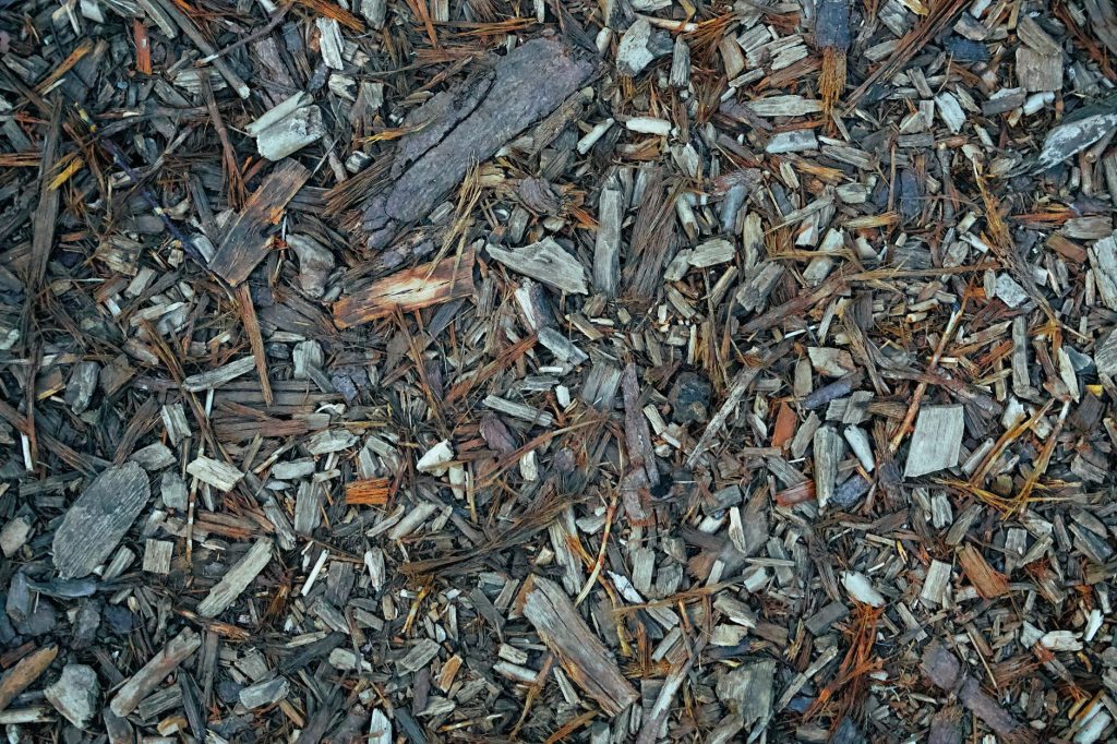 Gros plan sur un paillage d'écorces et de copeaux de bois sombres recouvrant le sol