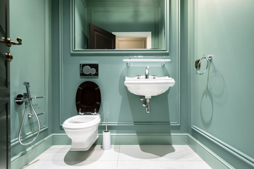 Petite pièce d'eau aux murs et moulures peints en vert, avec WC suspendu et lave-mains