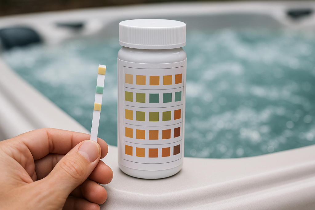 Main tenant une bandelette d'analyse à côté du nuancier de couleurs, au bord d'un spa en fonctionnement
