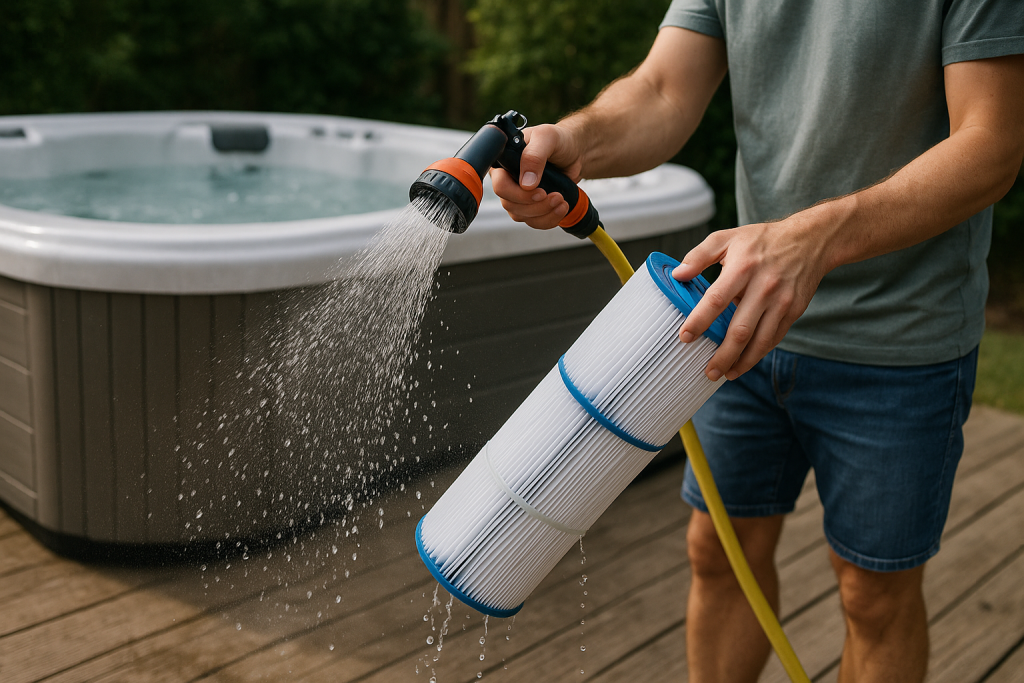 Personne rinçant une cartouche de filtre de spa plissée au jet d'arrosage sur une terrasse en bois