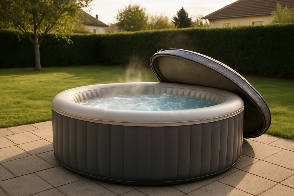 Spa gonflable rond gris et beige avec sa couverture entrouverte, installé sur une terrasse pavée devant une pelouse