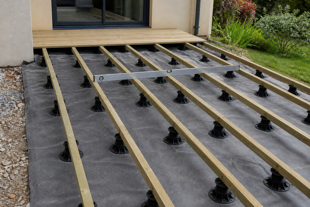 Structure de terrasse en cours de pose : lambourdes en pin sur plots réglables posés sur un géotextile, avec un niveau à bulle